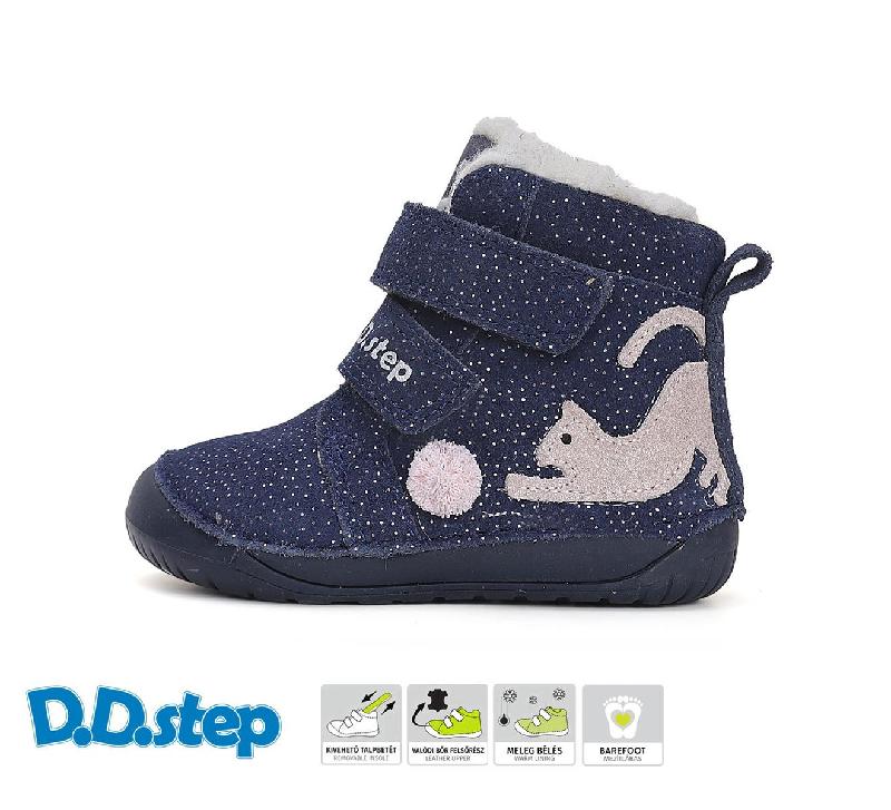 Ddstep W070-42110 modrá dívčí zimní barefoot kožená obuv